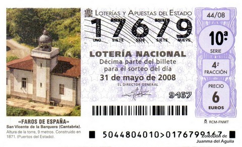 Décimo de Lotería Nacional de 2008 Sorteo 44 - «FAROS DE ESPAÑA». SAN VICENTE DE LA BARQUERA (CANTABRÍA)