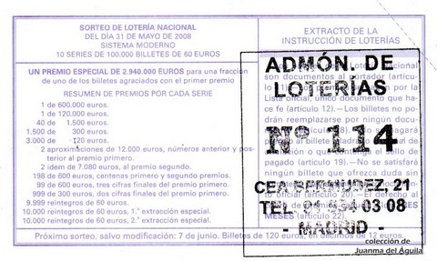 Reverso del décimo de Lotería Nacional de 2008 Sorteo 44