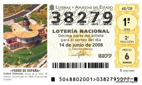 Décimo de Lotería Nacional de 2008 Sorteo 48 - «FAROS DE ESPAÑA». CULLERA (VALENCIA)