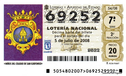 Décimo de Lotería Nacional de 2008 Sorteo 54 - «NIÑOS DEL COLEGIO DE SAN ILDEFONSO»