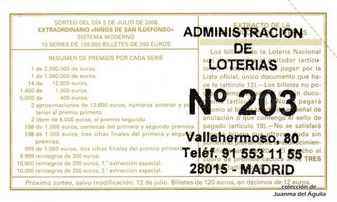 Reverso del décimo de Lotería Nacional de 2008 Sorteo 54