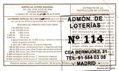 Reverso del décimo de Lotería Nacional de 2008 Sorteo 58