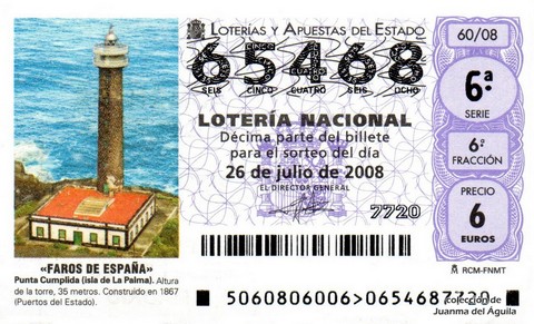Décimo de Lotería Nacional de 2008 Sorteo 60 - «FAROS DE ESPAÑA». PUNTA CUMPLIDA (ISLA DE LA PALMA)