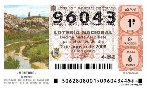 Décimo de Lotería Nacional de 2008 Sorteo 62 - «MONTORO»