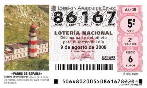 Décimo de Lotería Nacional de 2008 Sorteo 64 - «FAROS DE ESPAÑA». SILLEIRO (PONTEVEDRA)