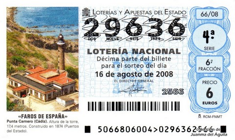 Décimo de Lotería Nacional de 2008 Sorteo 66 - «FAROS DE ESPAÑA». PUNTA CARNERO (CÁDIZ)