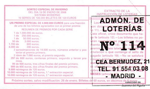 Reverso del décimo de Lotería Nacional de 2008 Sorteo 6