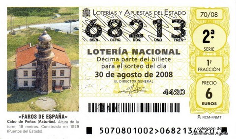 Décimo de Lotería Nacional de 2008 Sorteo 70 - «FAROS DE ESPAÑA». CABO DE PEÑAS (ASTURIAS)