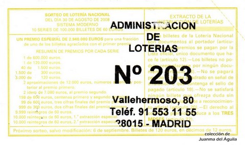 Reverso del décimo de Lotería Nacional de 2008 Sorteo 70