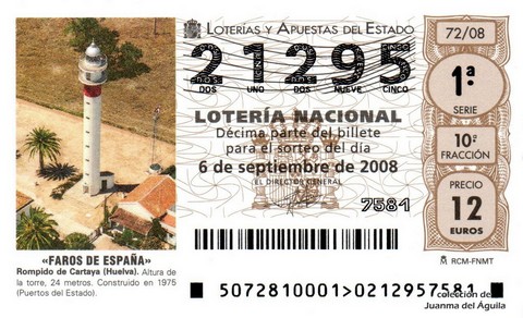 Décimo de Lotería Nacional de 2008 Sorteo 72 - «FAROS DE ESPAÑA». ROMPIDO DE CARTAYA (HUELVA)