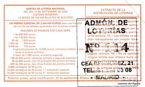Reverso décimo de Lotería 2008 / 74