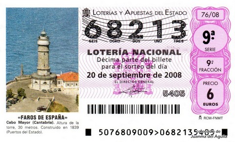 Décimo de Lotería Nacional de 2008 Sorteo 76 - «FAROS DE ESPAÑA». CABO MAYOR (CANTABRIA)