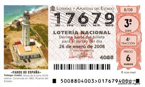 Décimo de Lotería Nacional de 2008 Sorteo 8 - «FAROS DE ESPAÑA». TRAFALGAR (CÁDIZ)
