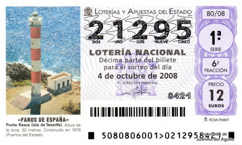 Décimo de Lotería Nacional de 2008 Sorteo 80 - «FAROS DE ESPAÑA». PUNTA RASCA (ISLA DE TENERIFE)