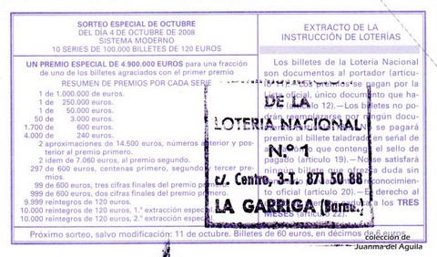 Reverso del décimo de Lotería Nacional de 2008 Sorteo 80