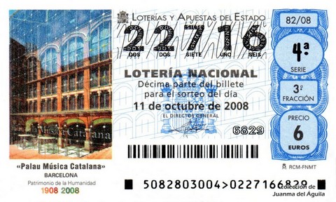 Décimo de Lotería Nacional de 2008 Sorteo 82 - «Palau Música Catalana»