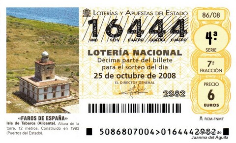 Décimo de Lotería Nacional de 2008 Sorteo 86 - «FAROS DE ESPAÑA». ISLA DE TABARCA (ALICANTE)