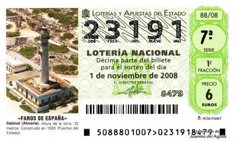 Décimo de Lotería Nacional de 2008 Sorteo 88 - «FAROS DE ESPAÑA». SABINAL (ALMERÍA)