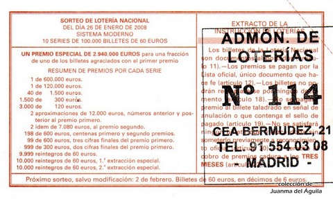Reverso del décimo de Lotería Nacional de 2008 Sorteo 8