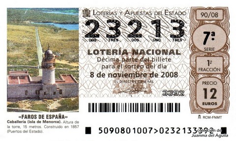 Décimo de Lotería Nacional de 2008 Sorteo 90 - «FAROS DE ESPAÑA». CABALLERÍA (ISLA DE MENORCA)