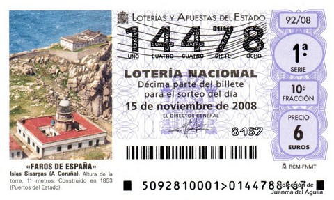 Décimo de Lotería Nacional de 2008 Sorteo 92 - «FAROS DE ESPAÑA». ISLAS SISARGAS (A CORUÑA)