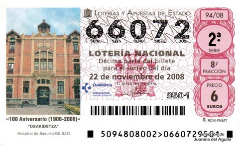 Décimo de Lotería Nacional de 2008 Sorteo 94 - «100 Aniversario (1908-2008)»