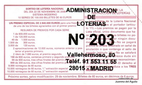 Reverso del décimo de Lotería Nacional de 2008 Sorteo 94