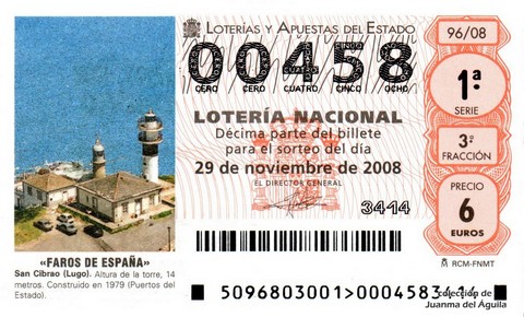 Décimo de Lotería Nacional de 2008 Sorteo 96 - «FAROS DE ESPAÑA». SAN CIBRAO (LUGO)