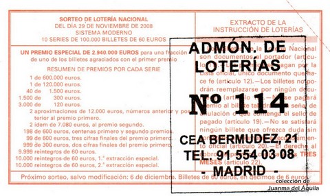 Reverso del décimo de Lotería Nacional de 2008 Sorteo 96