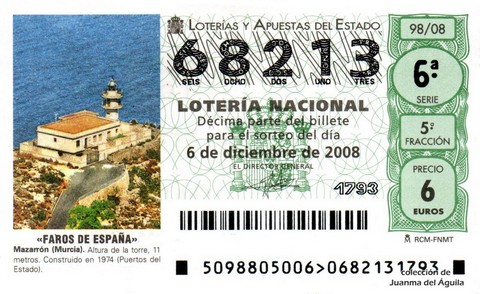 Décimo de Lotería Nacional de 2008 Sorteo 98 - «FAROS DE ESPAÑA». MAZARRÓN (MURCIA)