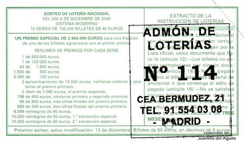 Reverso del décimo de Lotería Nacional de 2008 Sorteo 98