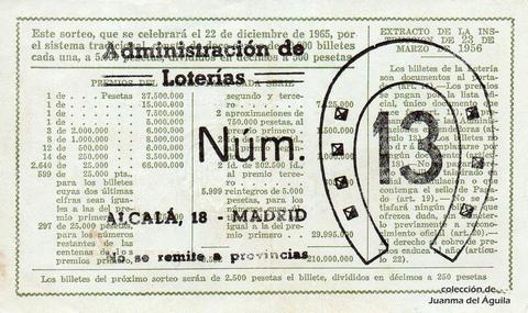 Reverso del décimo de Lotería Nacional de 1965 Sorteo 36