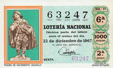 Décimo de Lotería Nacional de 1967 Sorteo 36 - FIGURA DE NACIMIENTO. SALZILLO