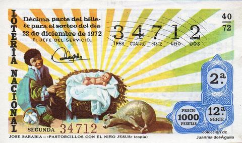 Décimo de Lotería Nacional de 1972 Sorteo 40 - JOSE SARABIA - «PASTORCILLOS CON EL NIÑO JESUS» (copia)