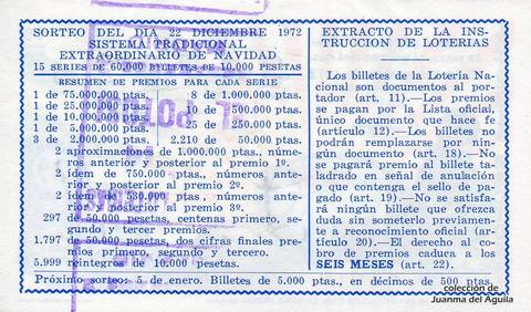 Reverso del décimo de Lotería Nacional de 1972 Sorteo 40