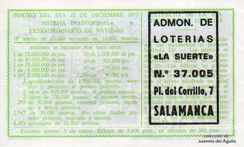 Reverso del décimo de Lotería Nacional de 1973 Sorteo 40