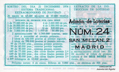 Reverso del décimo de Lotería Nacional de 1974 Sorteo 45