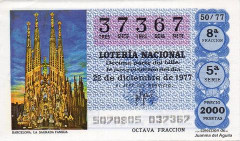 Décimo de Lotería Nacional de 1977 Sorteo 50 - BARCELONA. LA SAGRADA FAMILIA