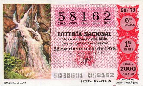 Décimo de Lotería Nacional de 1978 Sorteo 50 - MANANTIAL DE AGUA