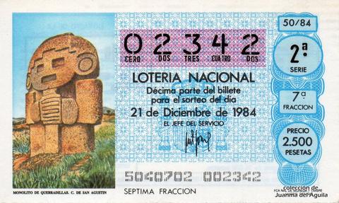 Décimo de Lotería Nacional de 1984 Sorteo 50 - MONOLITO DE QUEBRADILLAS. CULTURA DE SAN AGUSTIN