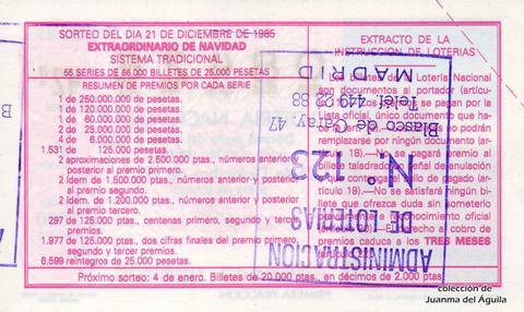 Reverso del décimo de Lotería Nacional de 1985 Sorteo 50
