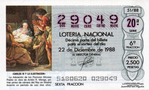 Décimo de Lotería Nacional de 1988 Sorteo 51 - «CARLOS III Y LA ILUSTRACION» - LA ADORACION DE LOS PASTORES, DE ANTON R. MENGS
