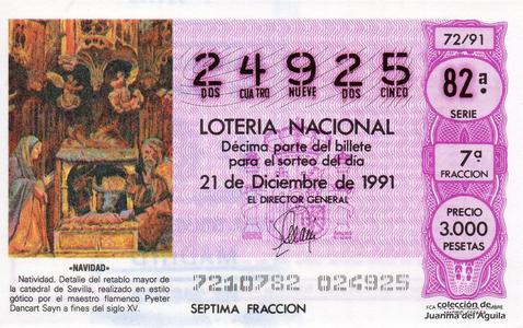 Décimo de Lotería Nacional de 1991 Sorteo 72 - «NAVIDAD» - NATIVIDAD. DETALLE DEL RETABLO MAYOR DE LA CATEDRAL DE SEVILLA (SIGLO XV)