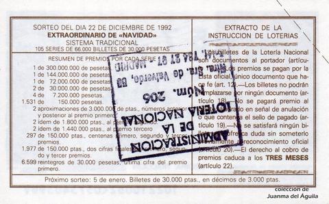 Reverso décimo de Lotería 1992 / 102