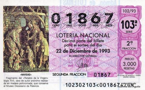 Décimo de Lotería Nacional de 1993 Sorteo 102 - «NAVIDAD» - FRAGMENTO DEL «RETABLO DE LA VIRGEN» (SIGLO XVI) OBRA DE AUTOR ANONIMO