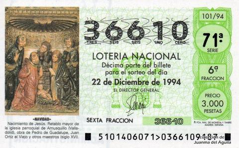 Décimo de Lotería Nacional de 1994 Sorteo 101 - «NAVIDAD» - NACIMIENTO DE JESUS