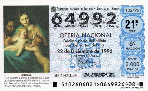 Décimo de Lotería Nacional de 1996 Sorteo 102 - «NAVIDAD» - LA SAGRADA FAMILIA (FRANCISCO DE GOYA)