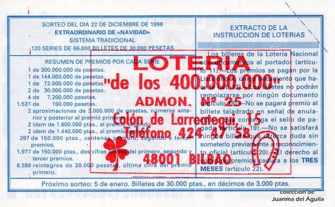 Reverso décimo de Lotería 1996 / 102
