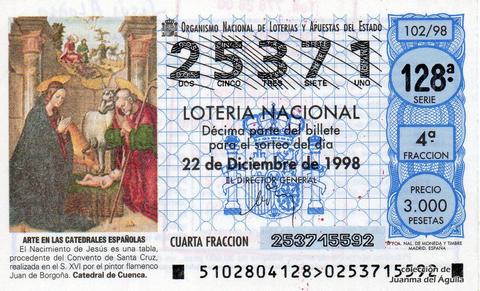 Décimo de Lotería Nacional de 1998 Sorteo 102 - ARTE EN LAS CATEDRALES ESPAÑOLAS - EL NACIMIENTO DE JESÚS