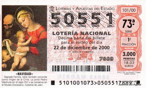 Décimo de Lotería Nacional de 2000 Sorteo 101 - «NAVIDAD» - SAGRADA FAMILIA, CATEDRAL DE JAÉN